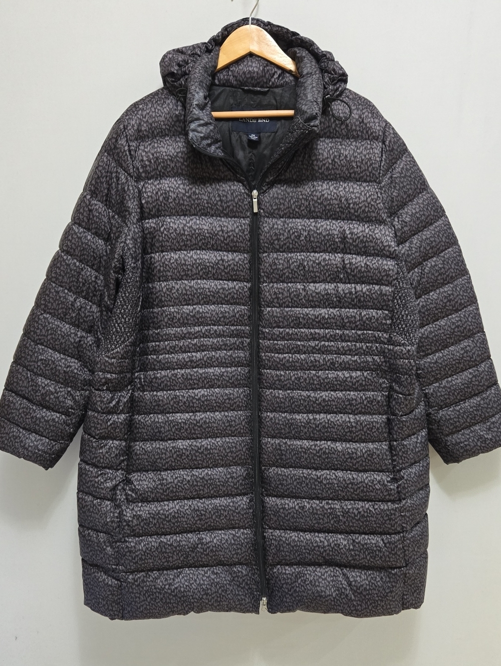 Land's End Packable Diwn Puffer Jacket Coat 2X 20W 22W Leopard Long Hooded